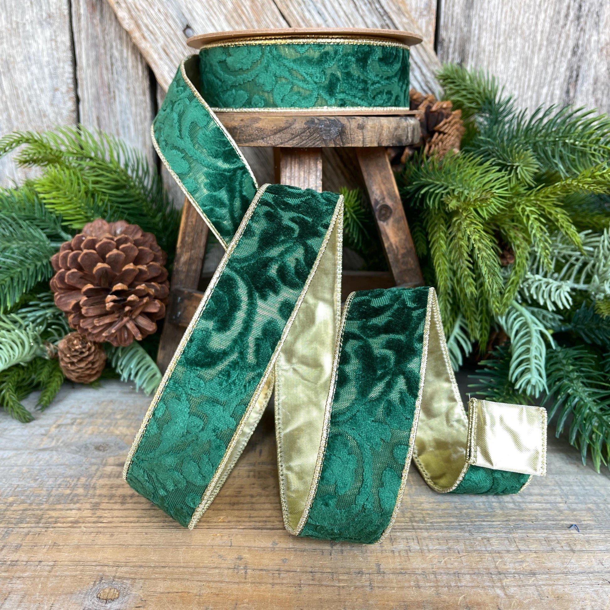 Emerald Green Embossed Velvet Christmas Ribbon: Wired Gold Backing, 1.5" x 10 Yards