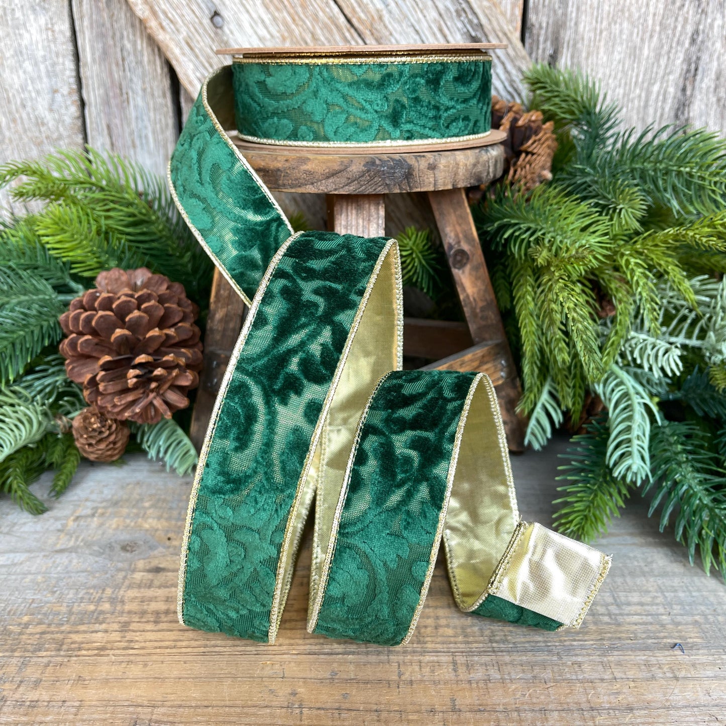 Emerald Green Embossed Velvet Christmas Ribbon: Wired Gold Backing, 1.5" x 10 Yards
