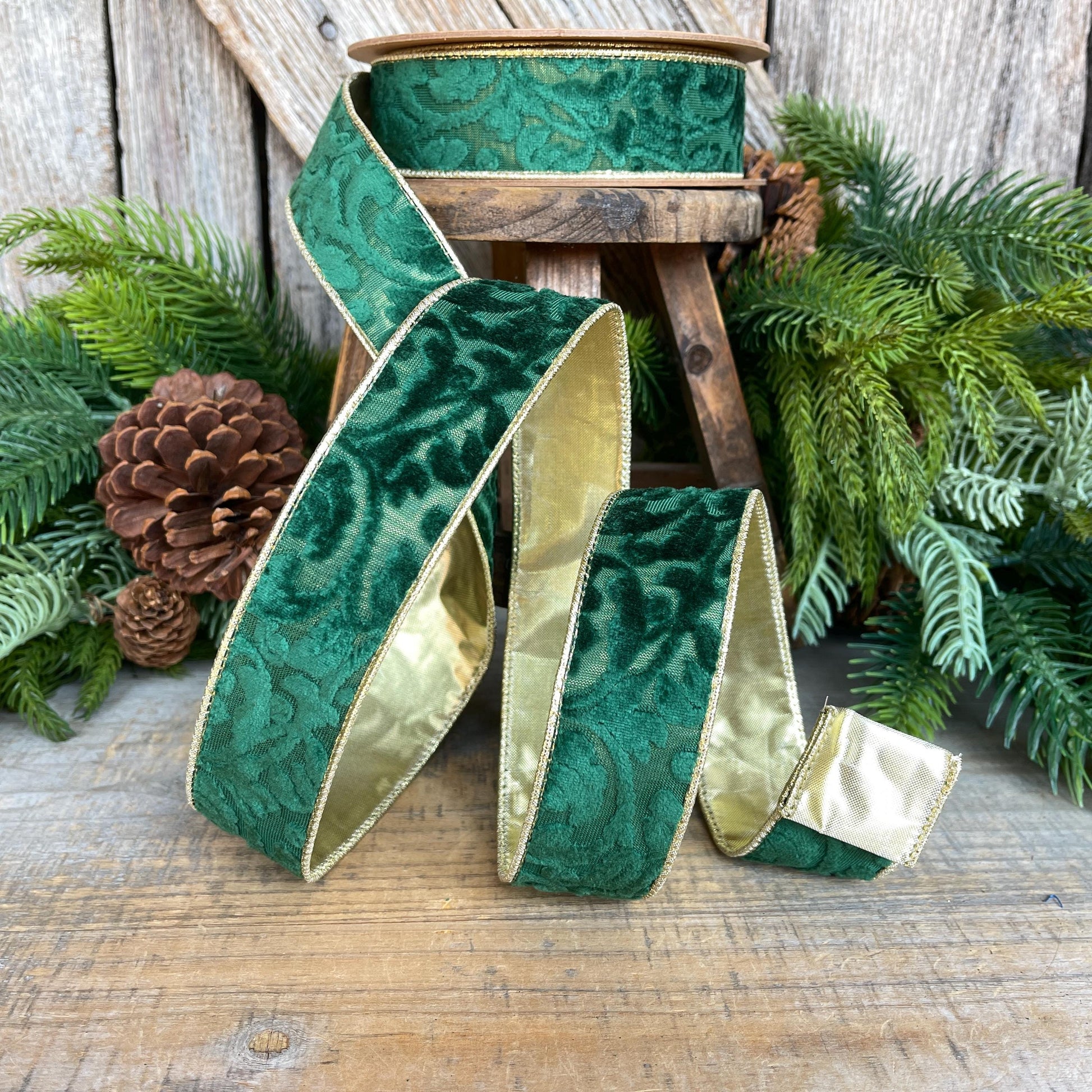 Emerald Green Embossed Velvet Christmas Ribbon: Wired Gold Backing, 1.5" x 10 Yards