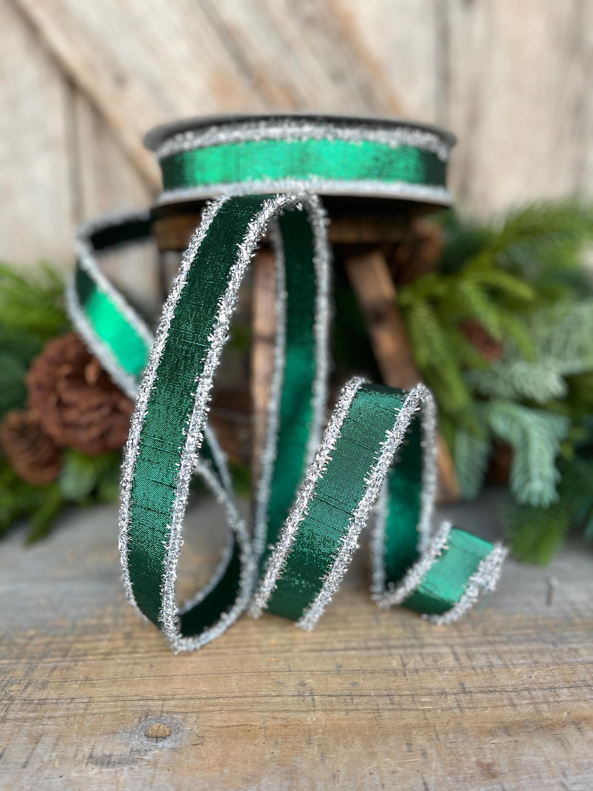1" Emerald Green & Silver Tinsel Ribbon, Christmas Ribbon, Farrisilk ribbon, 1" x 10 yards