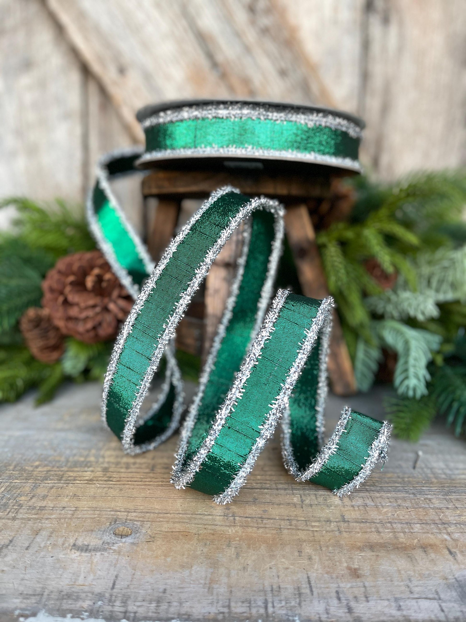 1" Emerald Green & Silver Tinsel Ribbon, Christmas Ribbon, Farrisilk ribbon