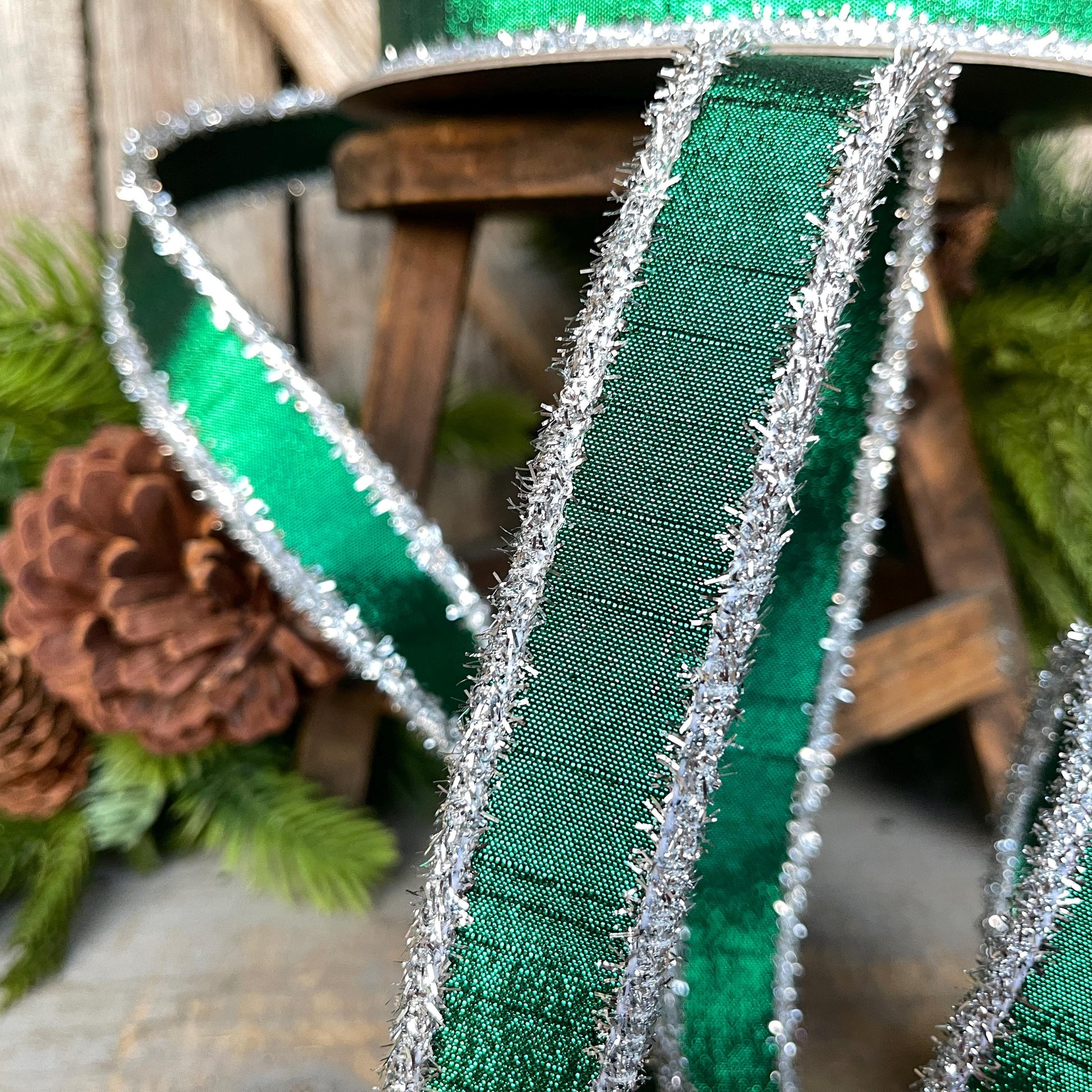 1" Emerald Green & Silver Tinsel Ribbon, Christmas Ribbon, Farrisilk ribbon, 1" x 10 yards