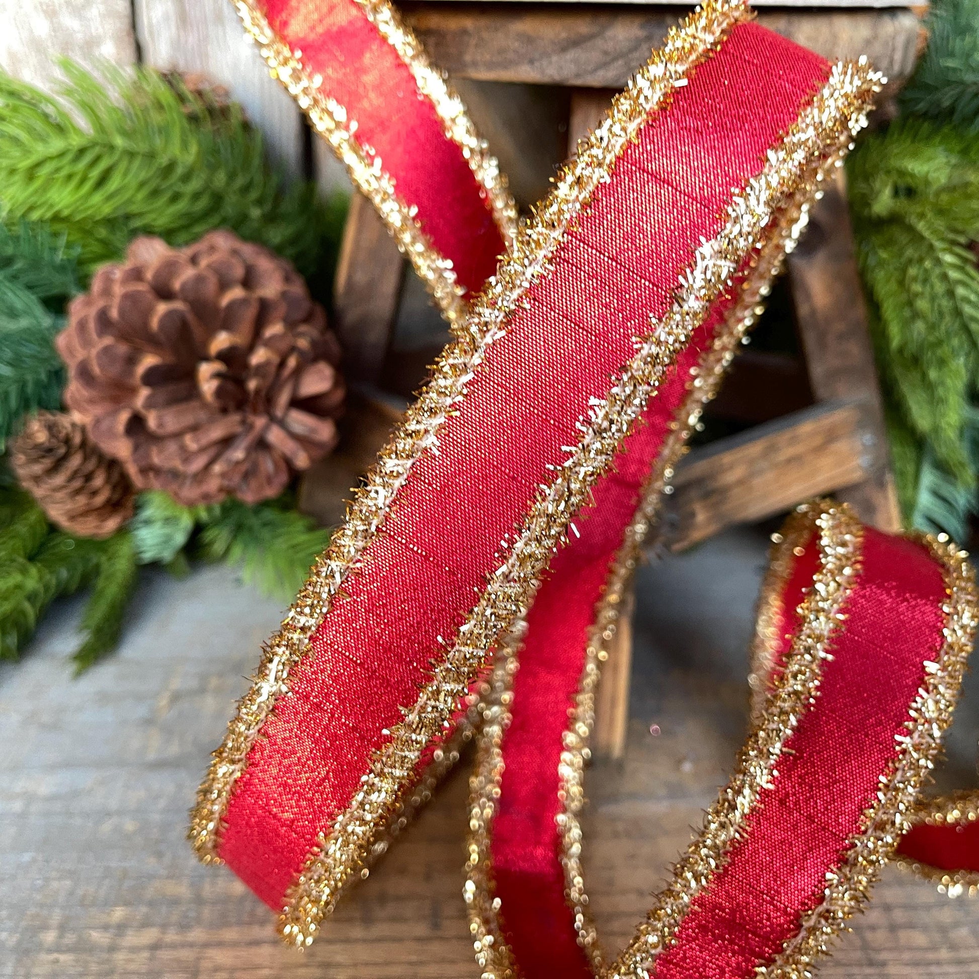 1" Red & Gold Tinsel Ribbon, Christmas Ribbon, Farrisilk ribbon, 1" x 10 yards