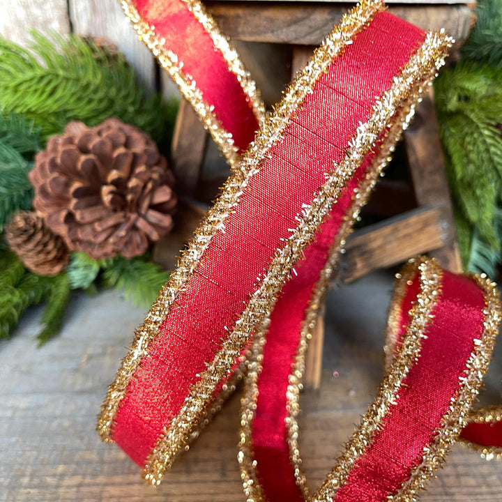 1" Red &amp; Gold Tinsel Ribbon, Christmas Ribbon, Farrisilk ribbon