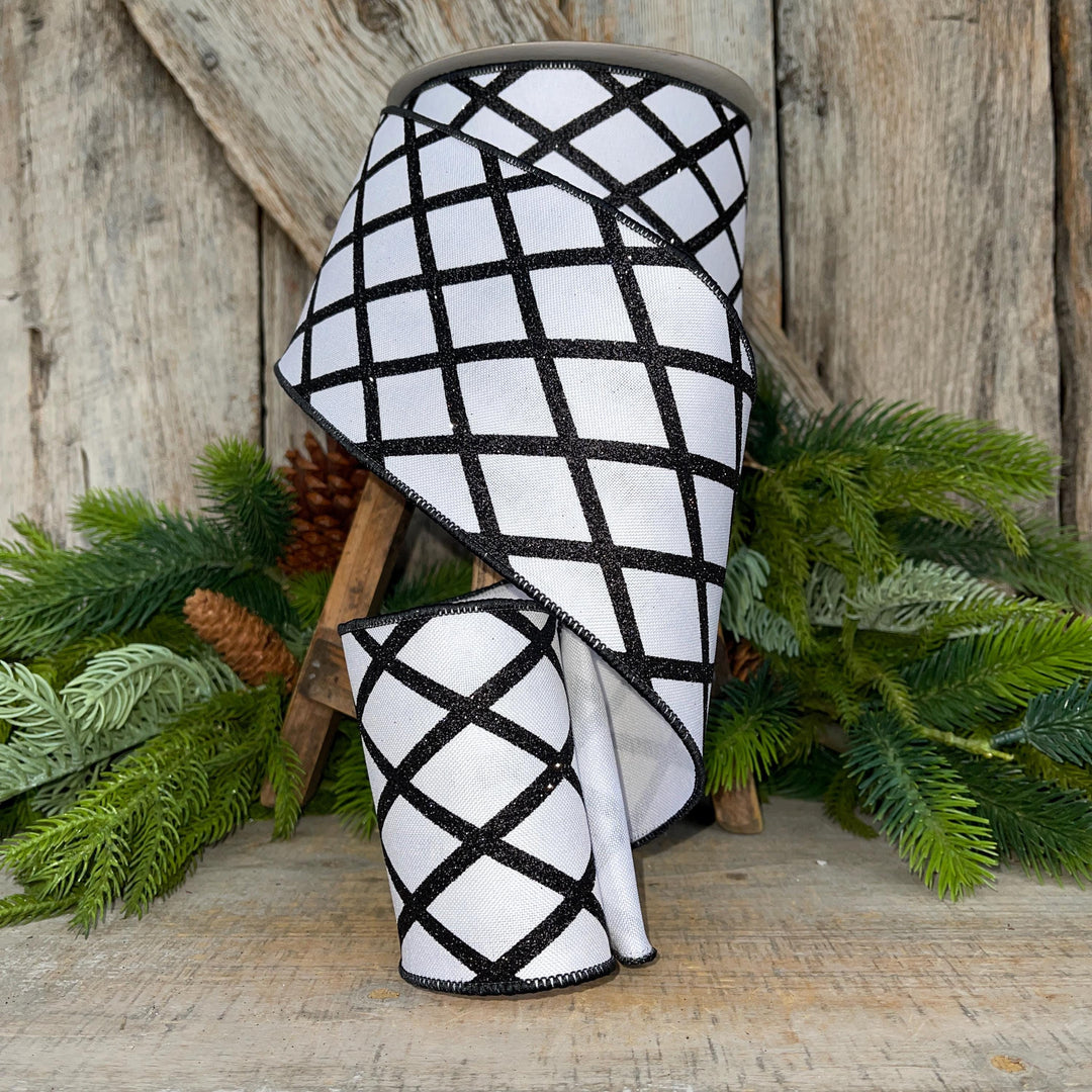 4" Black White Lattice RIbbon, Spring Ribbon