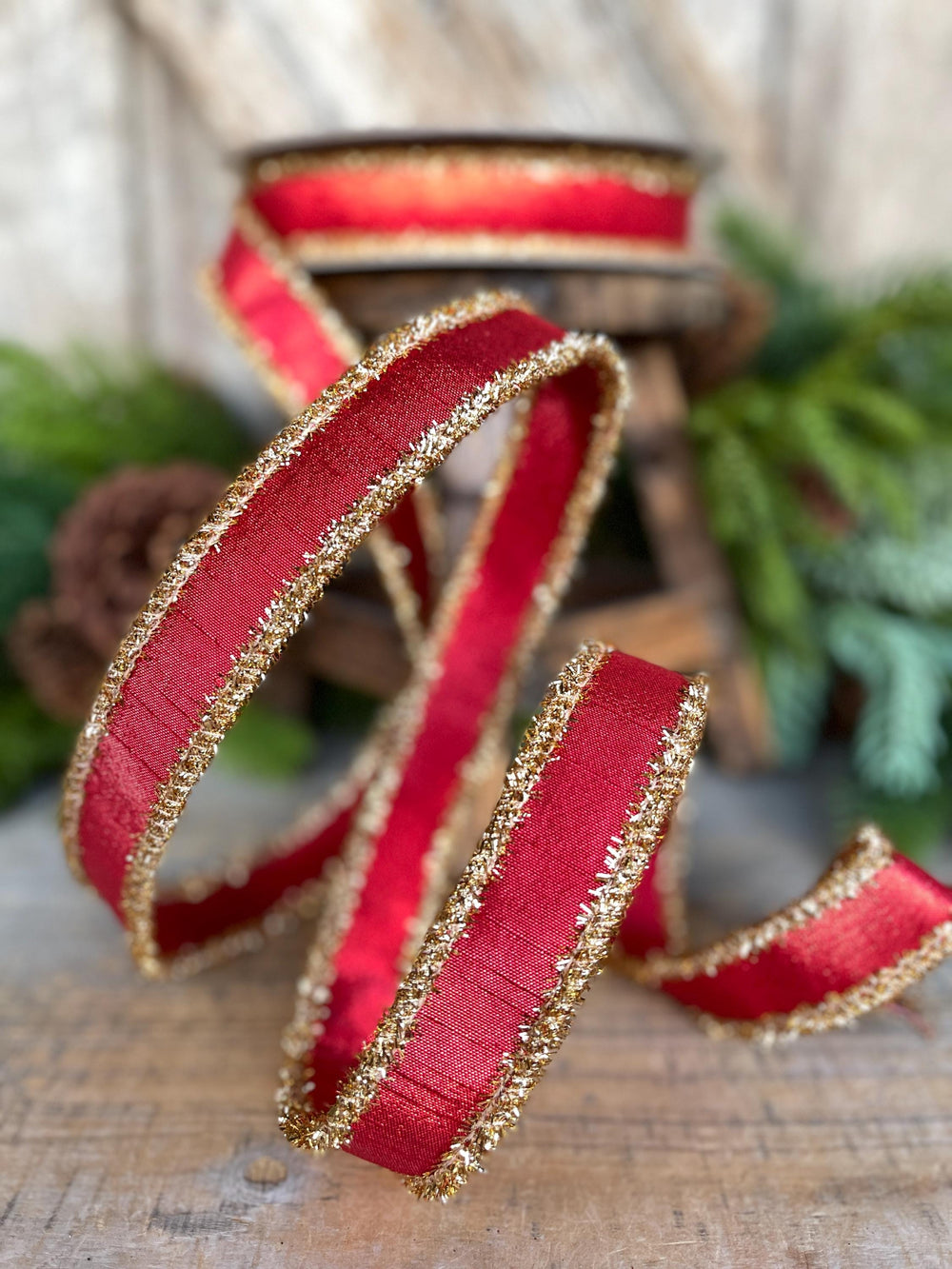 1" Red & Gold Tinsel Ribbon, Christmas Ribbon, Farrisilk ribbon