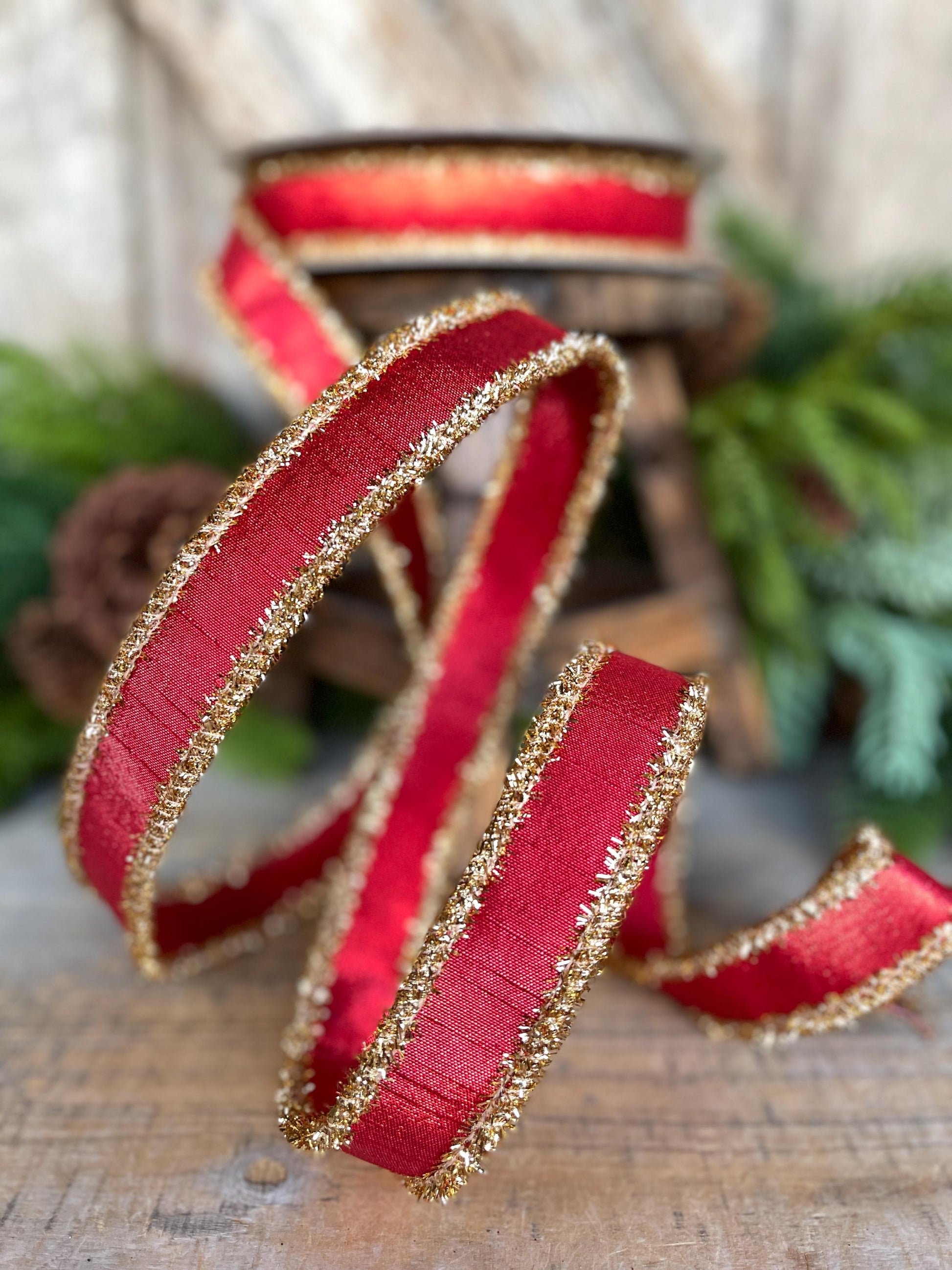 1" Red & Gold Tinsel Ribbon, Christmas Ribbon, Farrisilk ribbon, 1" x 10 yards