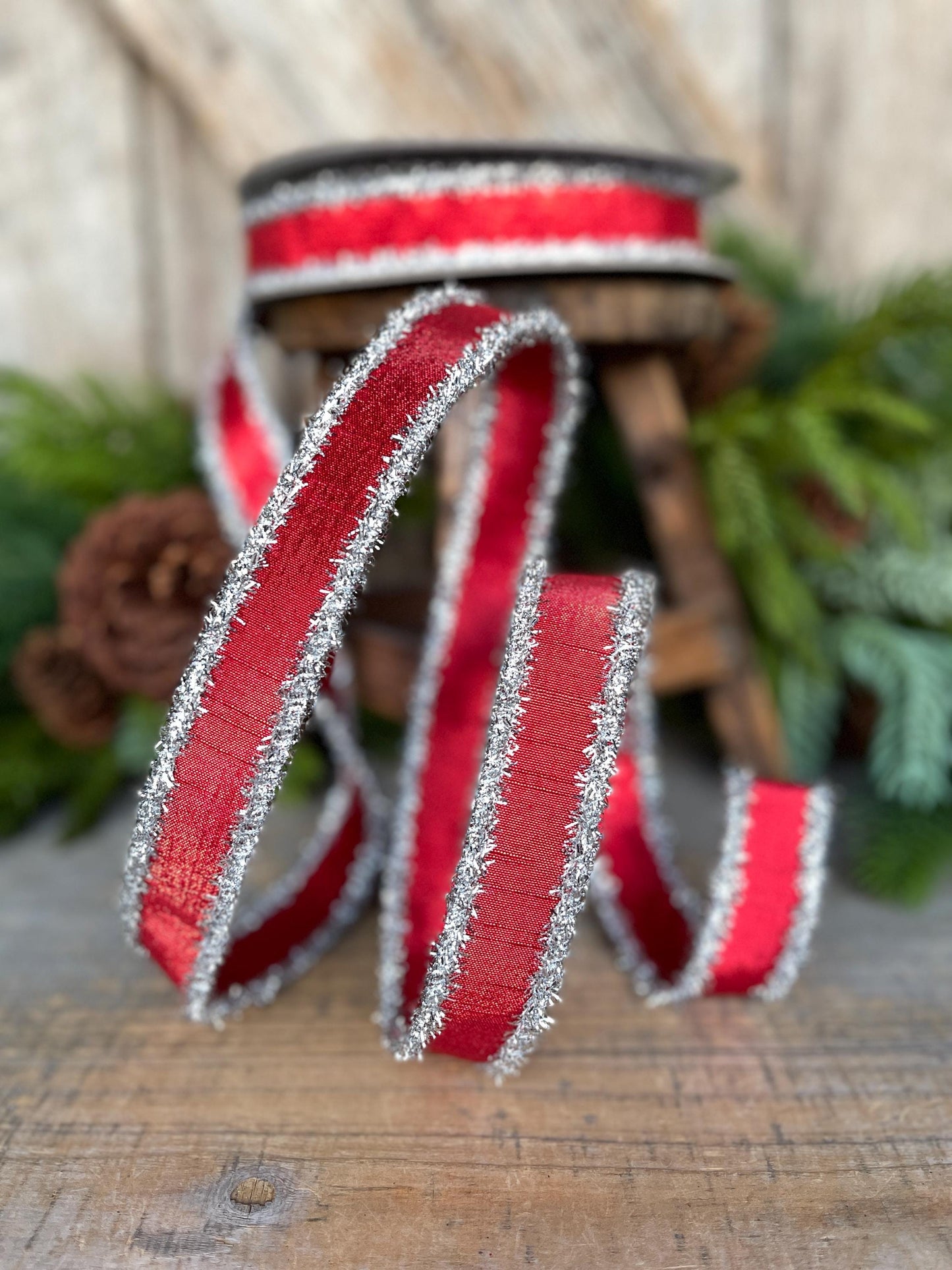 1" Red & Silver Tinsel Ribbon, Christmas Ribbon, Farrisilk ribbon