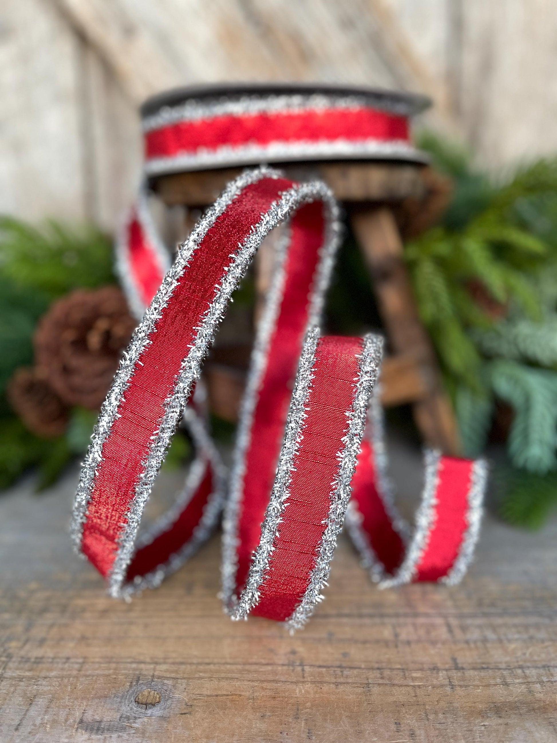 1" Red & Silver Tinsel Ribbon, Christmas Ribbon, Farrisilk ribbon