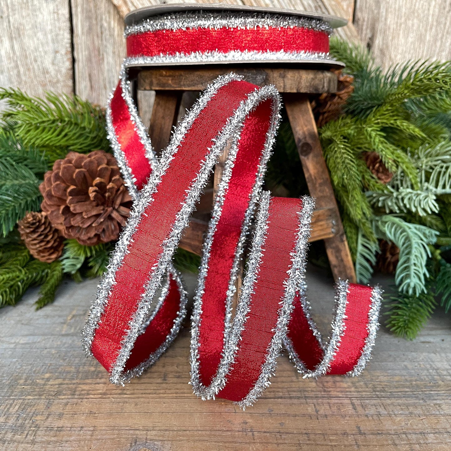 1" Red & Silver Tinsel Ribbon, Christmas Ribbon, Farrisilk ribbon