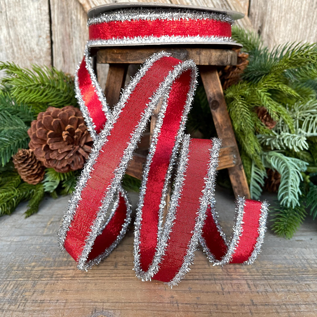 1" Red &amp; Silver Tinsel Ribbon, Christmas Ribbon, Farrisilk ribbon