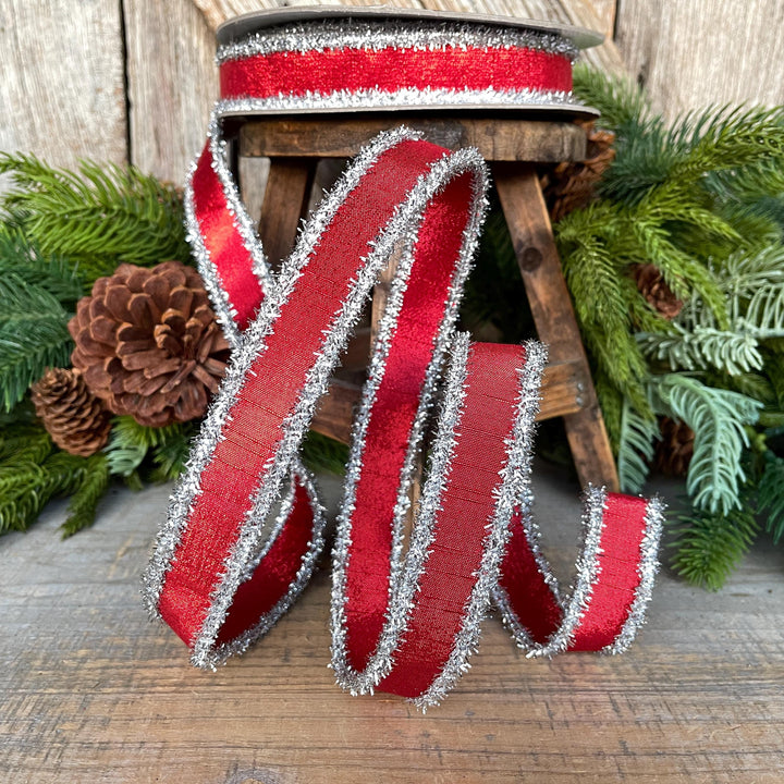1" Red &amp; Silver Tinsel Ribbon, Christmas Ribbon, Farrisilk ribbon