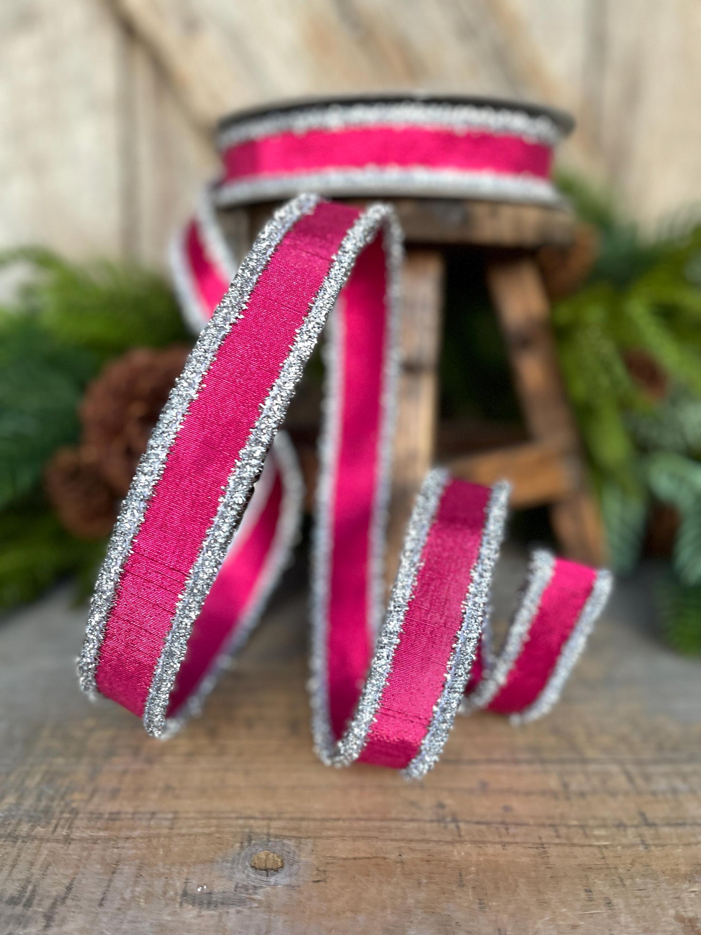 1" Hot Pink & Silver Tinsel Ribbon, Christmas Ribbon, Farrisilk ribbon, 1" x 10 yards