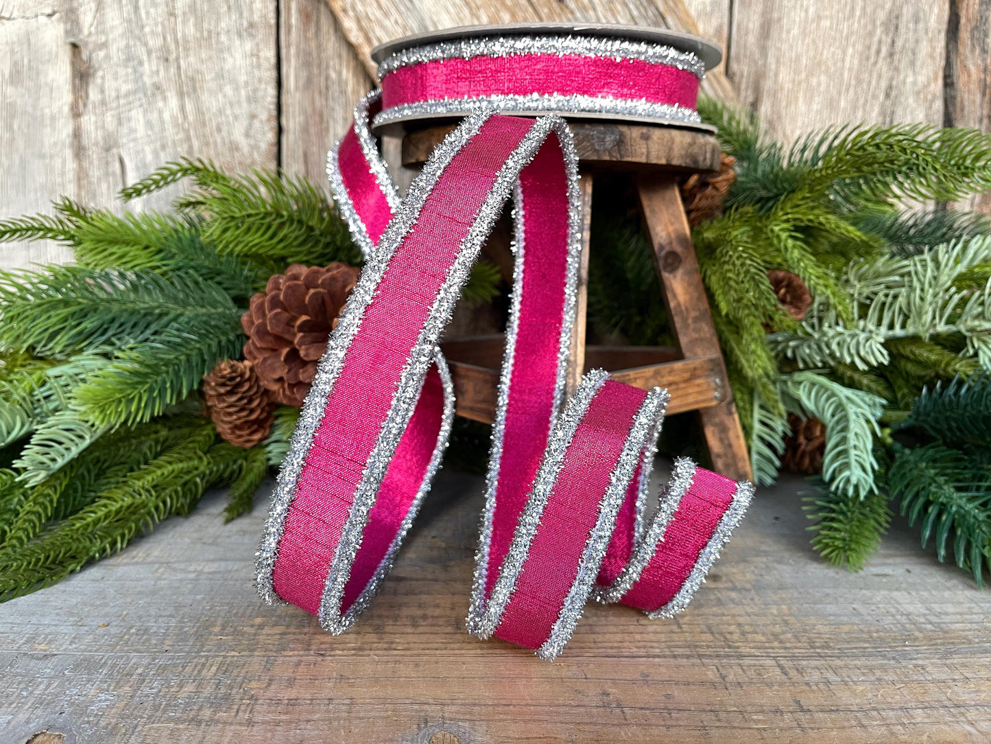 1" Hot Pink & Silver Tinsel Ribbon, Christmas Ribbon, Farrisilk ribbon, 1" x 10 yards