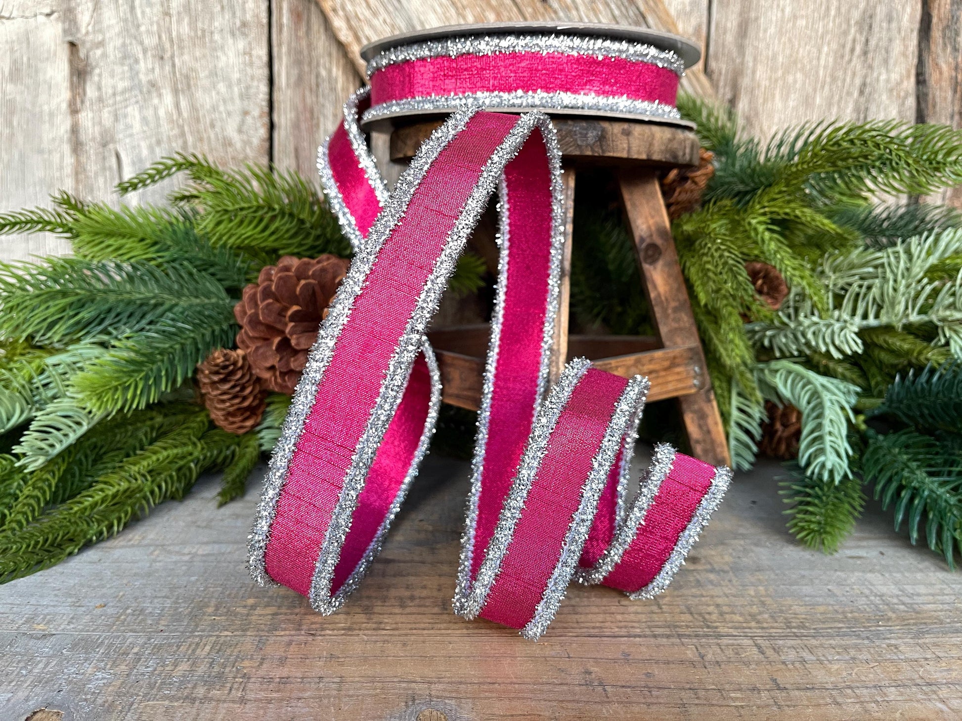 1" Hot Pink & Silver Tinsel Ribbon, Christmas Ribbon, Farrisilk ribbon, 1" x 10 yards
