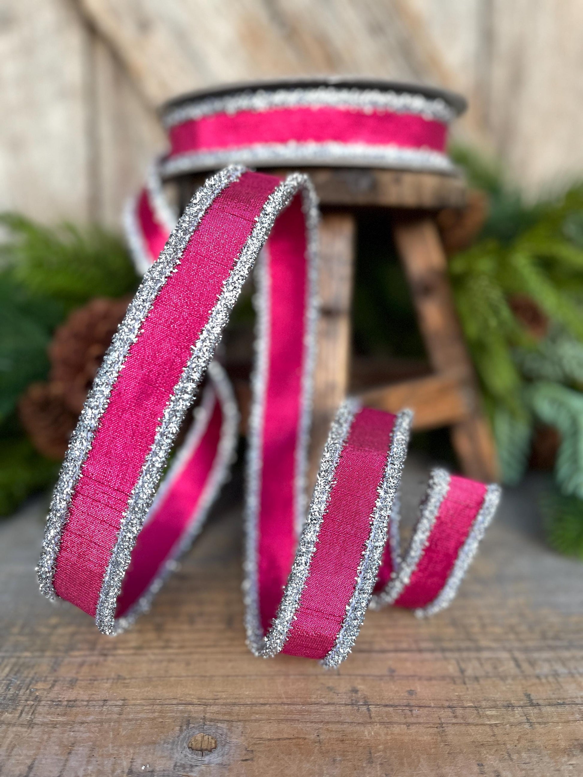 1" Hot Pink & Silver Tinsel Ribbon, Christmas Ribbon, Farrisilk ribbon, 1" x 10 yards