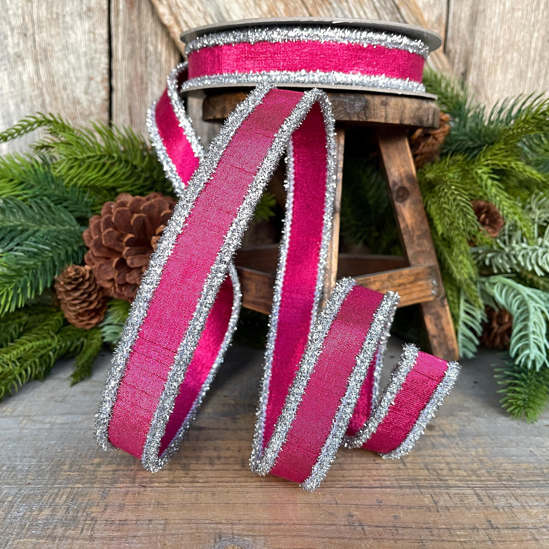 1" Hot Pink & Silver Tinsel Ribbon, Christmas Ribbon, Farrisilk ribbon