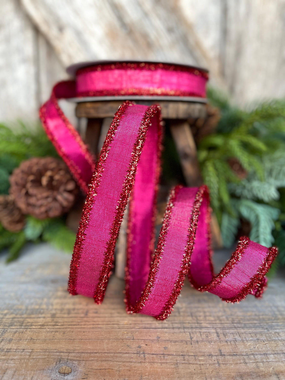 1" Hot Pink & Red Tinsel Ribbon, Christmas Ribbon, Farrisilk ribbon