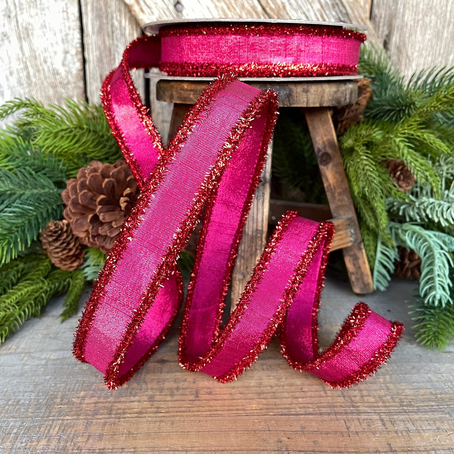 1" Hot Pink & Red Tinsel Ribbon, Christmas Ribbon, Farrisilk ribbon, 1" x 10 yards