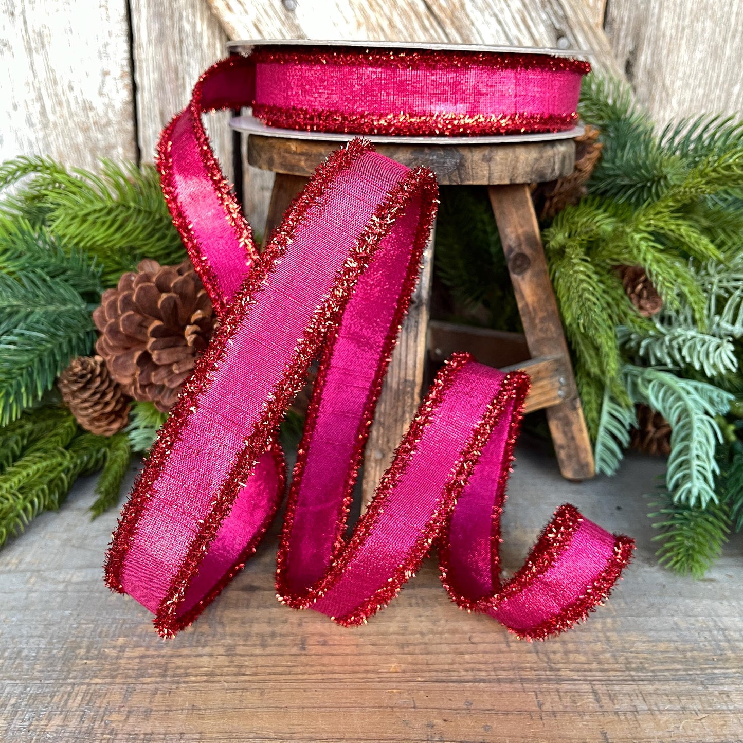 1" Hot Pink & Red Tinsel Ribbon, Christmas Ribbon, Farrisilk ribbon