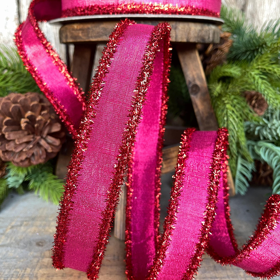 1" Hot Pink &amp; Red Tinsel Ribbon, Christmas Ribbon, Farrisilk ribbon