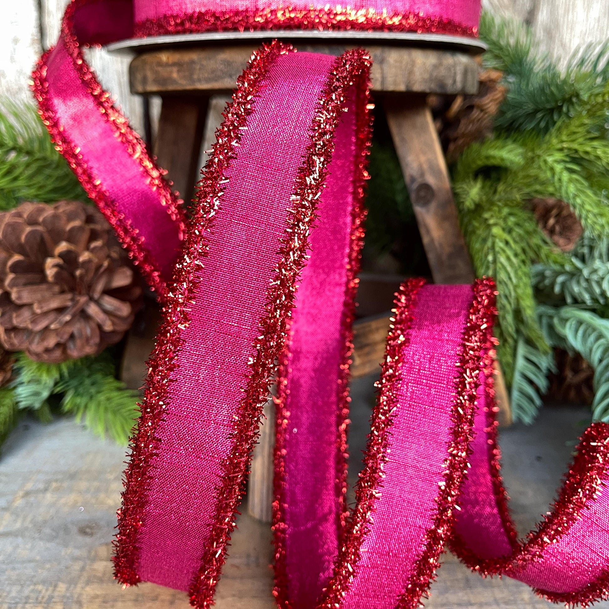 1" Hot Pink & Red Tinsel Ribbon, Christmas Ribbon, Farrisilk ribbon, 1" x 10 yards