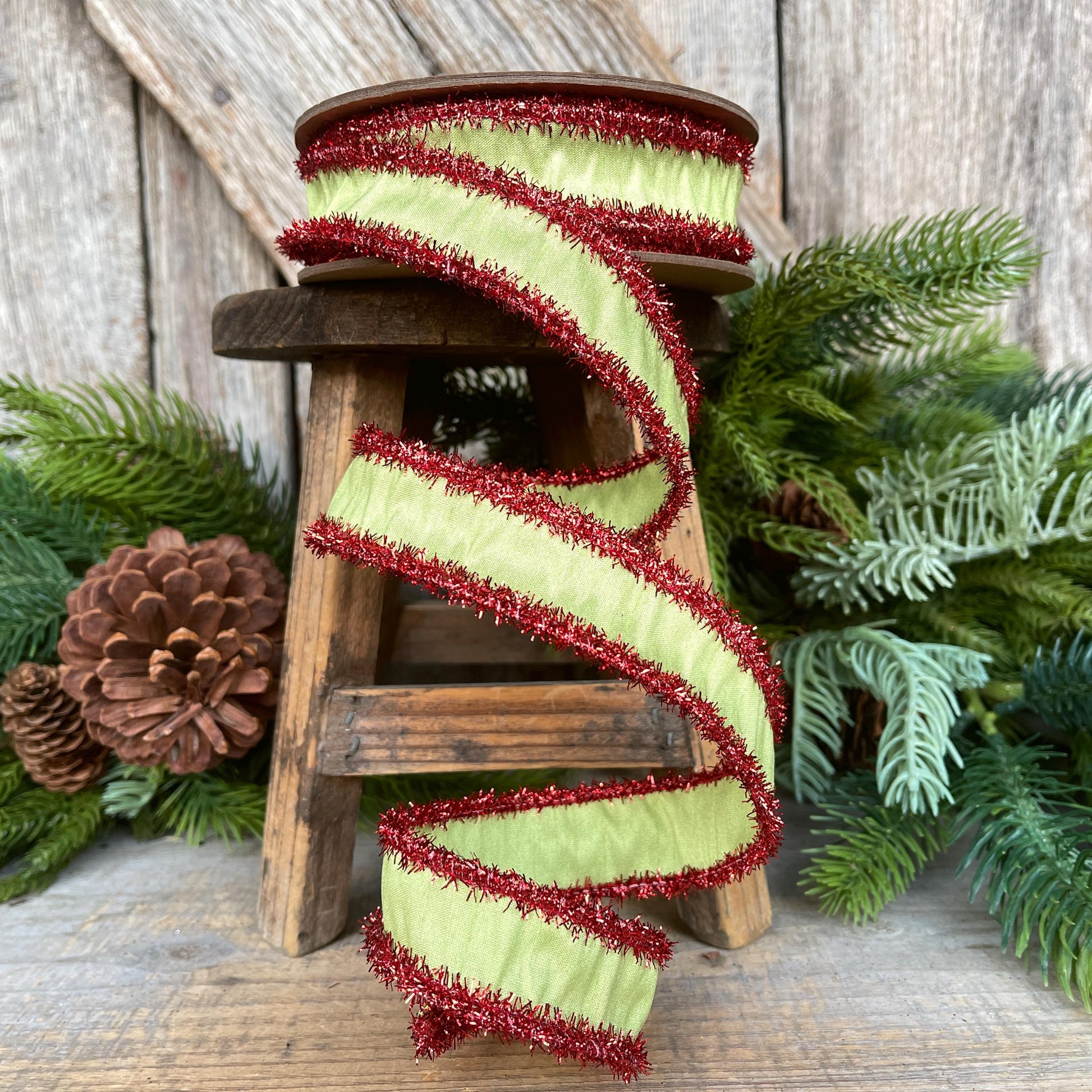 1" Lime Green & Red Tinsel Ribbon, Christmas Ribbon, Green Ribbon, Tinsel Ribbon, Gift Wrap Ribbon