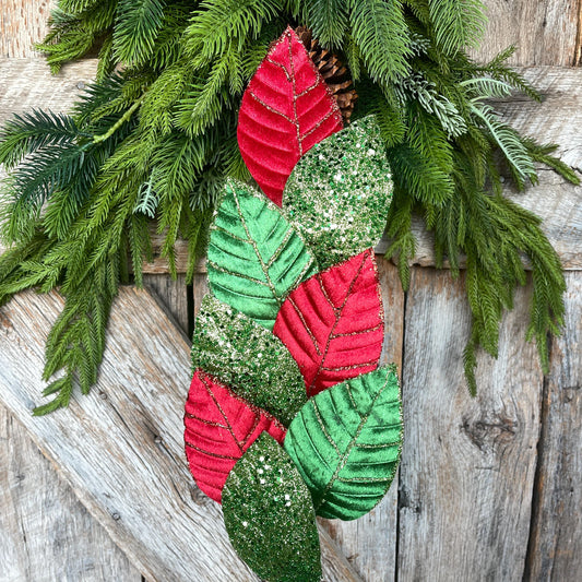 Red & Green Velvet Leaf Christmas Spray - 27" Tree Topper