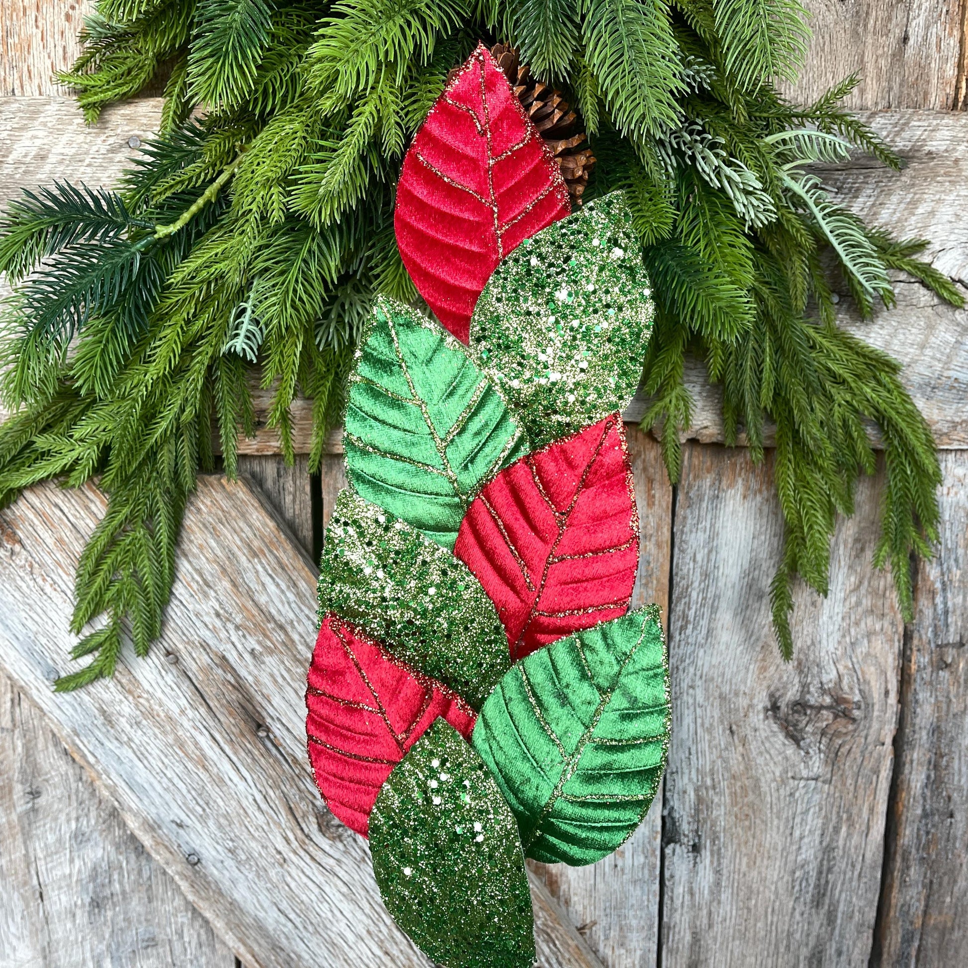 Red & Green Velvet Leaf Christmas Spray - 27" Tree Topper
