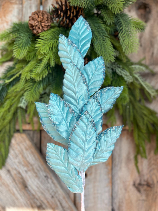 25" Light Blue Velvet Leaf Spray, Christmas Floral Stem