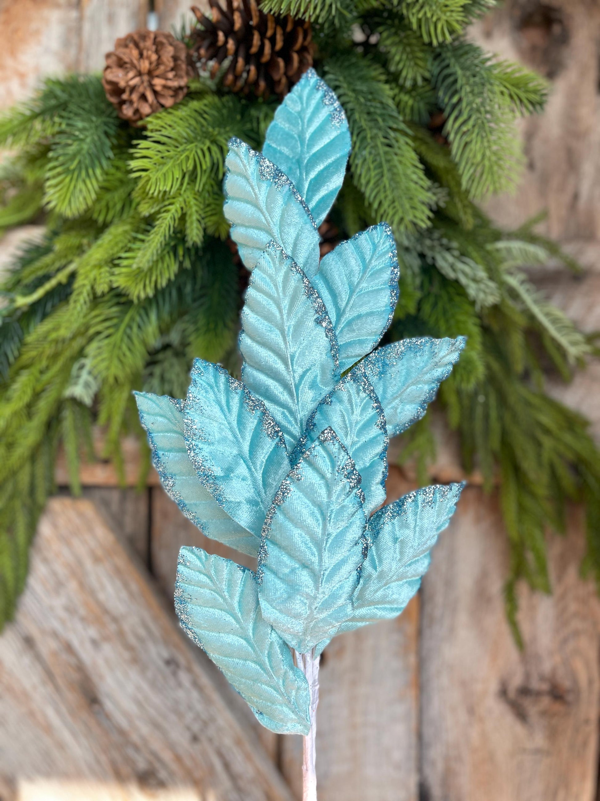25" Light Blue Velvet Leaf Spray, Christmas Floral Stem