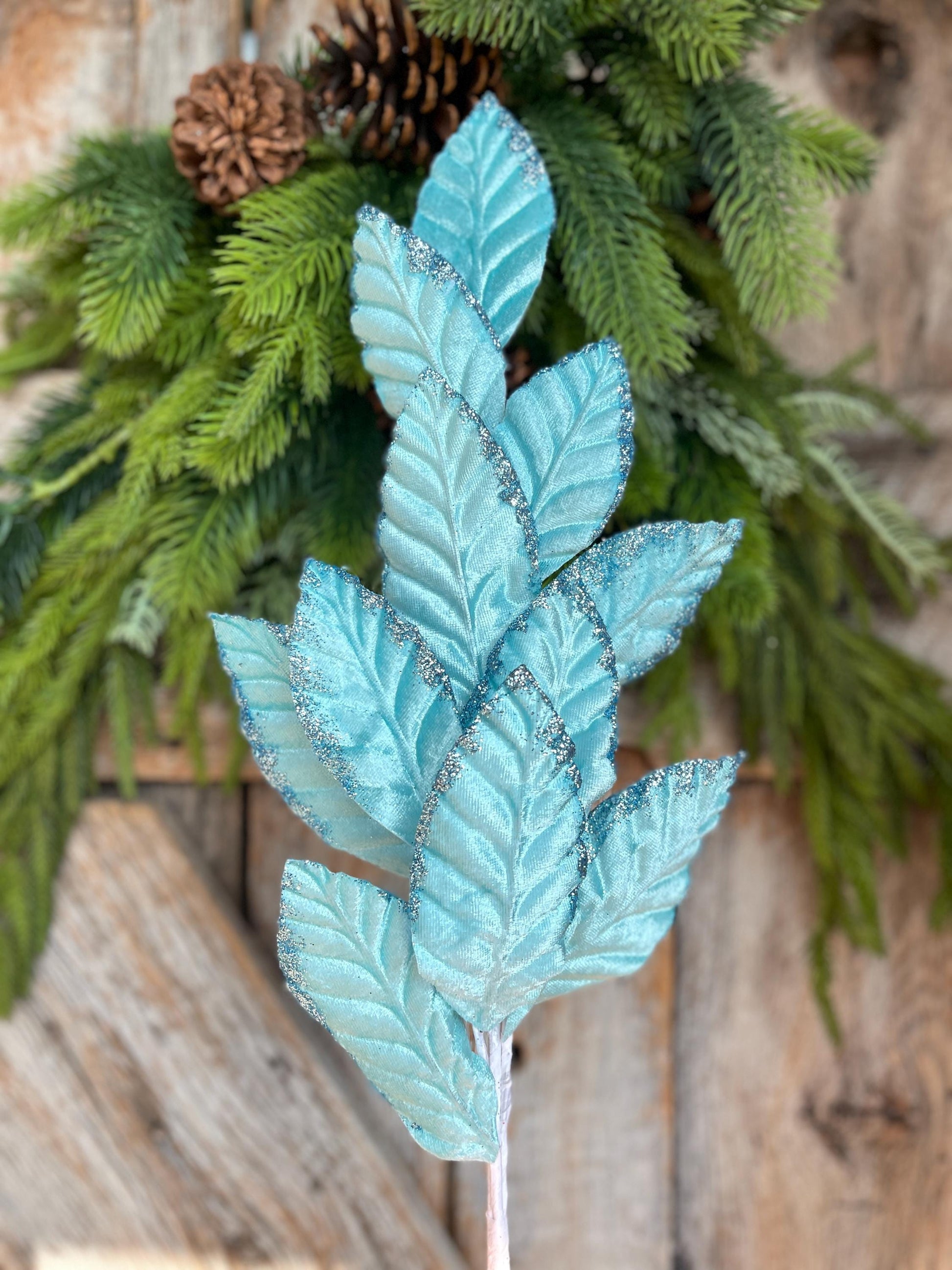 25" Light Blue Velvet Leaf Spray, Christmas Floral Stem