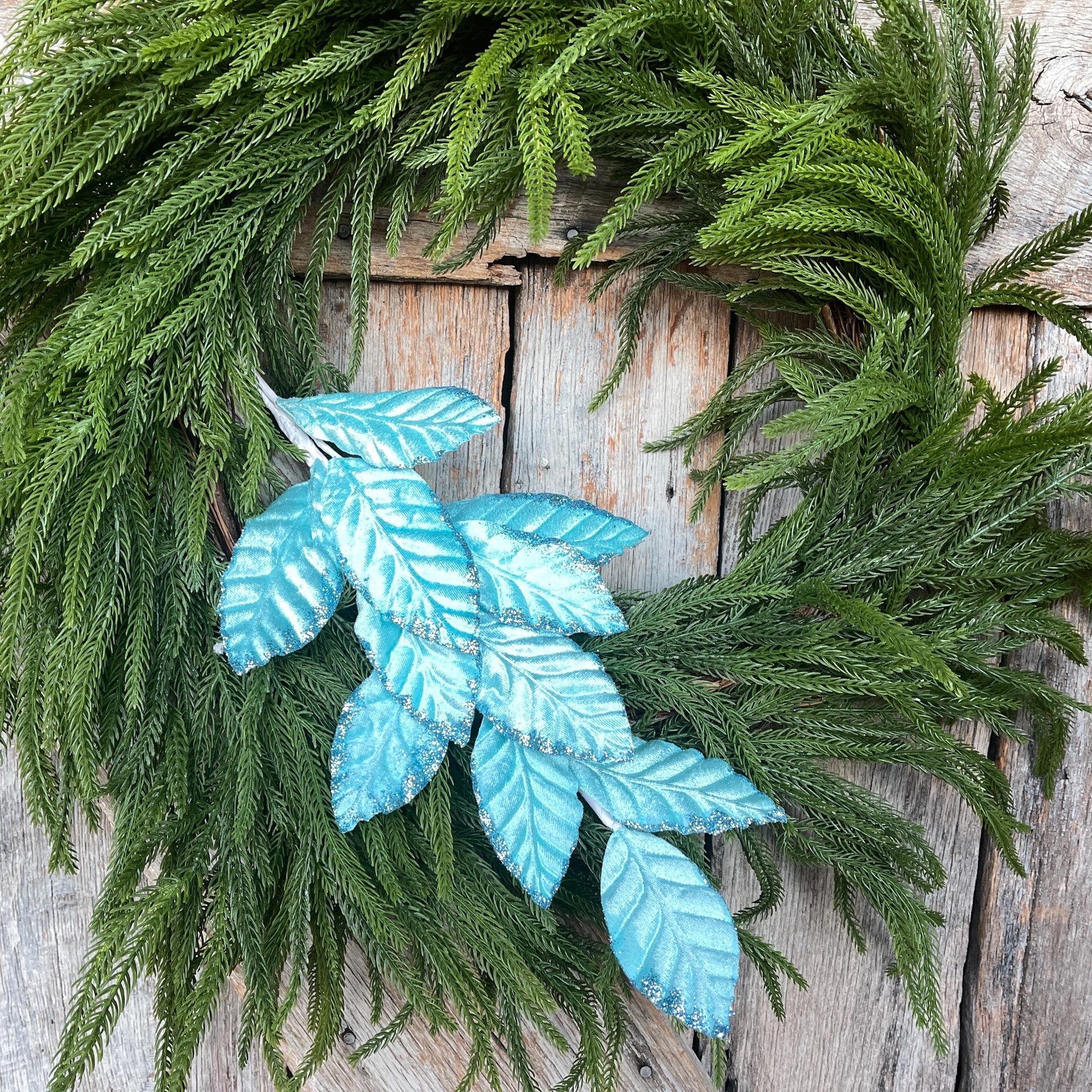 25" Light Blue Velvet Leaf Spray, Christmas Floral Stem