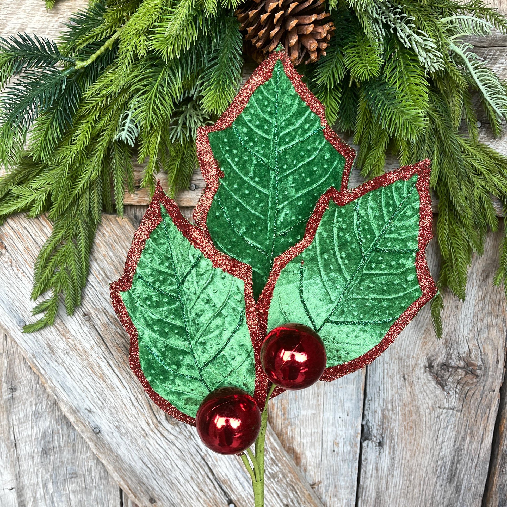30" Emerald Green Holly Leaf Spray, Christmas Holly Leaf Floral Stem, Green Floral Picks Stems