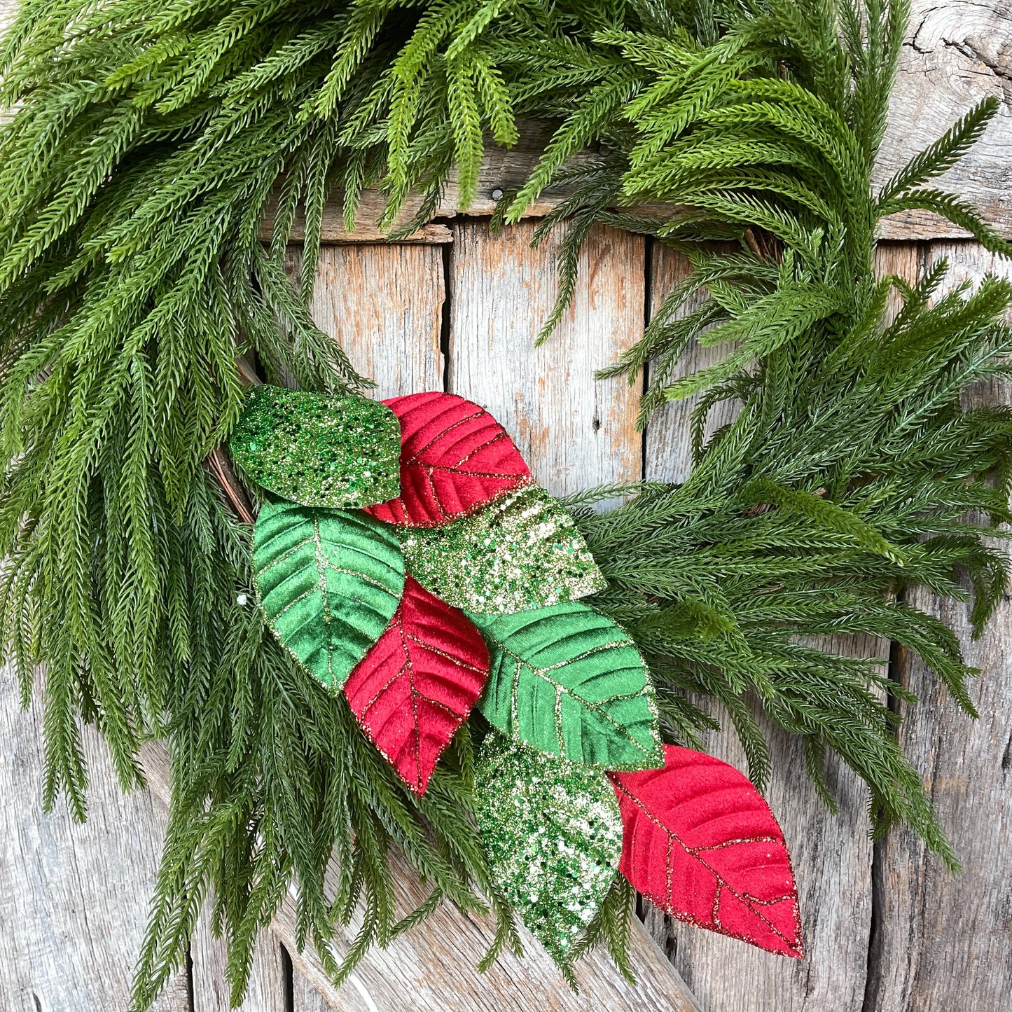 Red & Green Velvet Leaf Christmas Spray - 27" Tree Topper