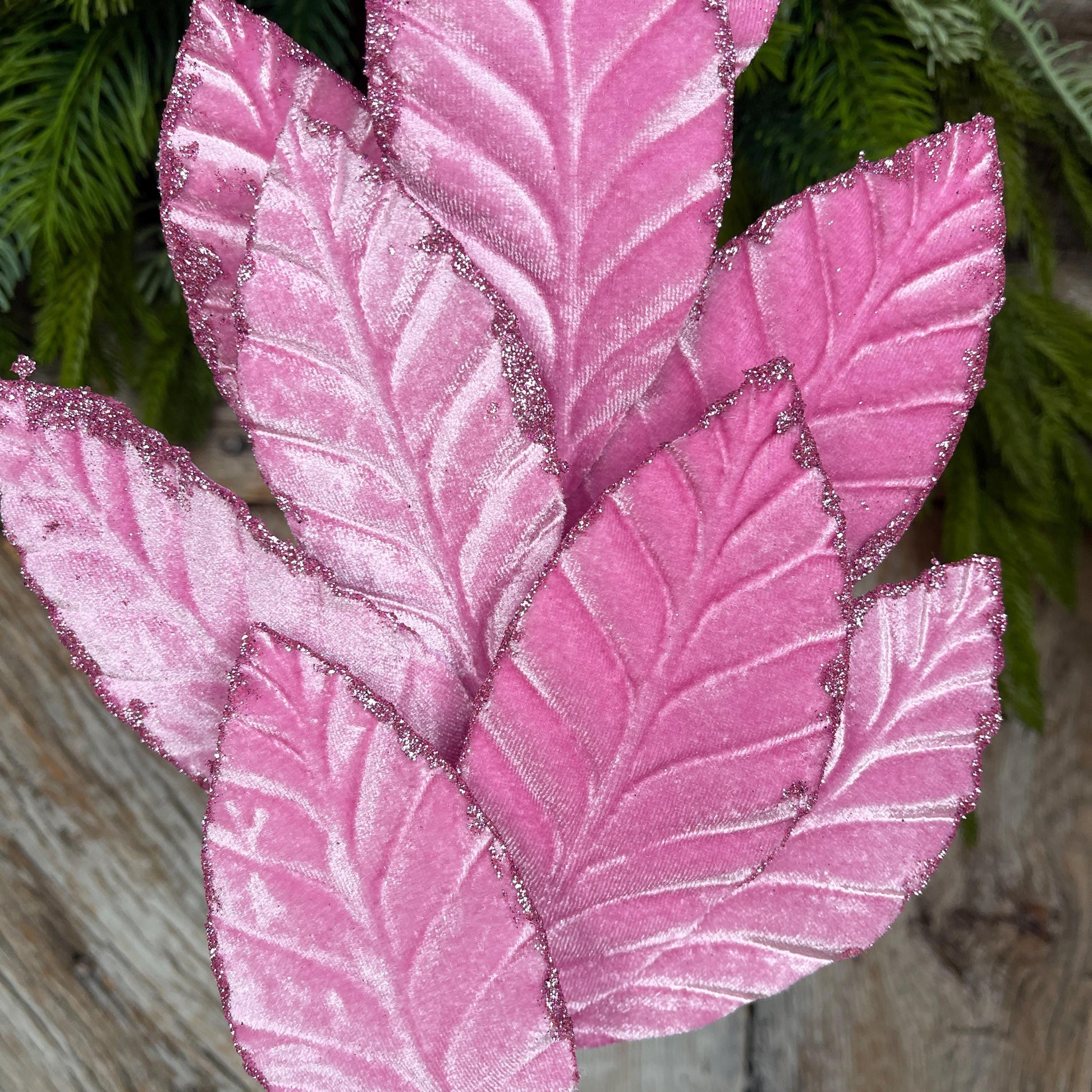 25" Mauve Pink Velvet Leaf Christmas Spray: Pink Christmas Tree Spray