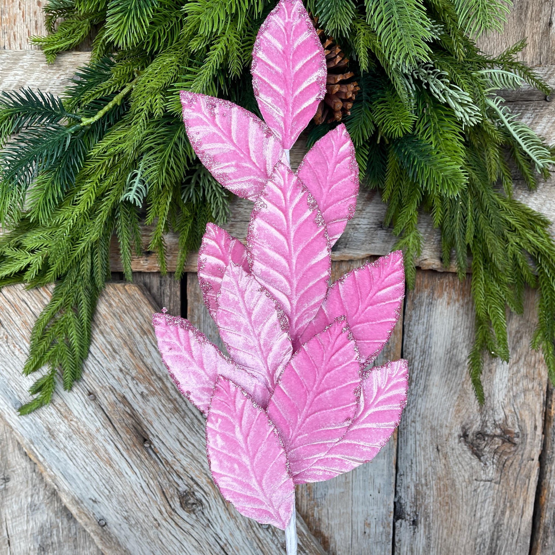 25" Mauve Pink Velvet Leaf Christmas Spray: Pink Christmas Tree Spray