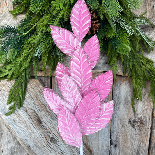25" Mauve Pink Velvet Leaf Christmas Spray: Pink Christmas Tree Spray