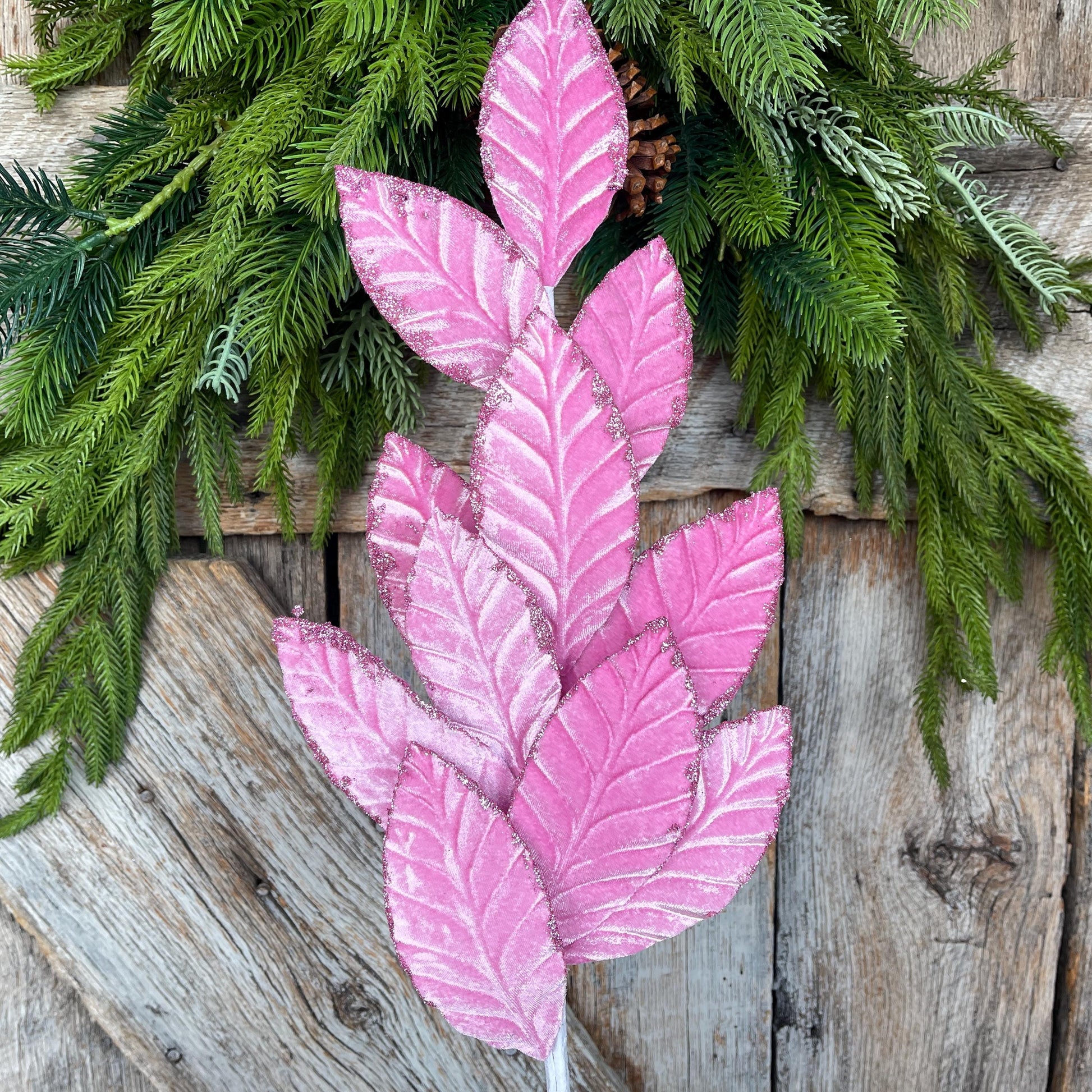 25" Mauve Pink Velvet Leaf Christmas Spray: Pink Christmas Tree Spray