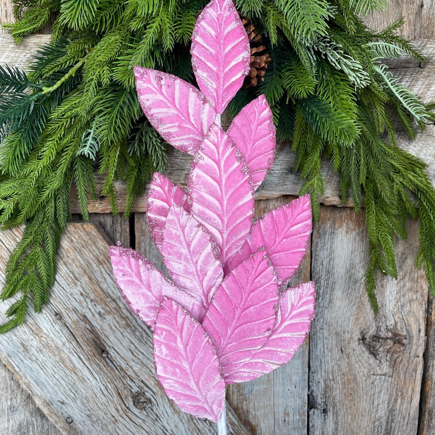 25" Mauve Pink Velvet Leaf Christmas Spray: Pink Christmas Tree Spray