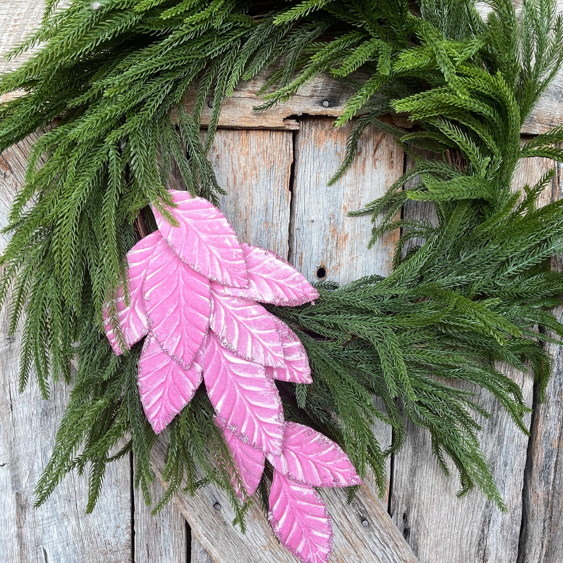 25" Mauve Pink Velvet Leaf Christmas Spray: Pink Christmas Tree Spray
