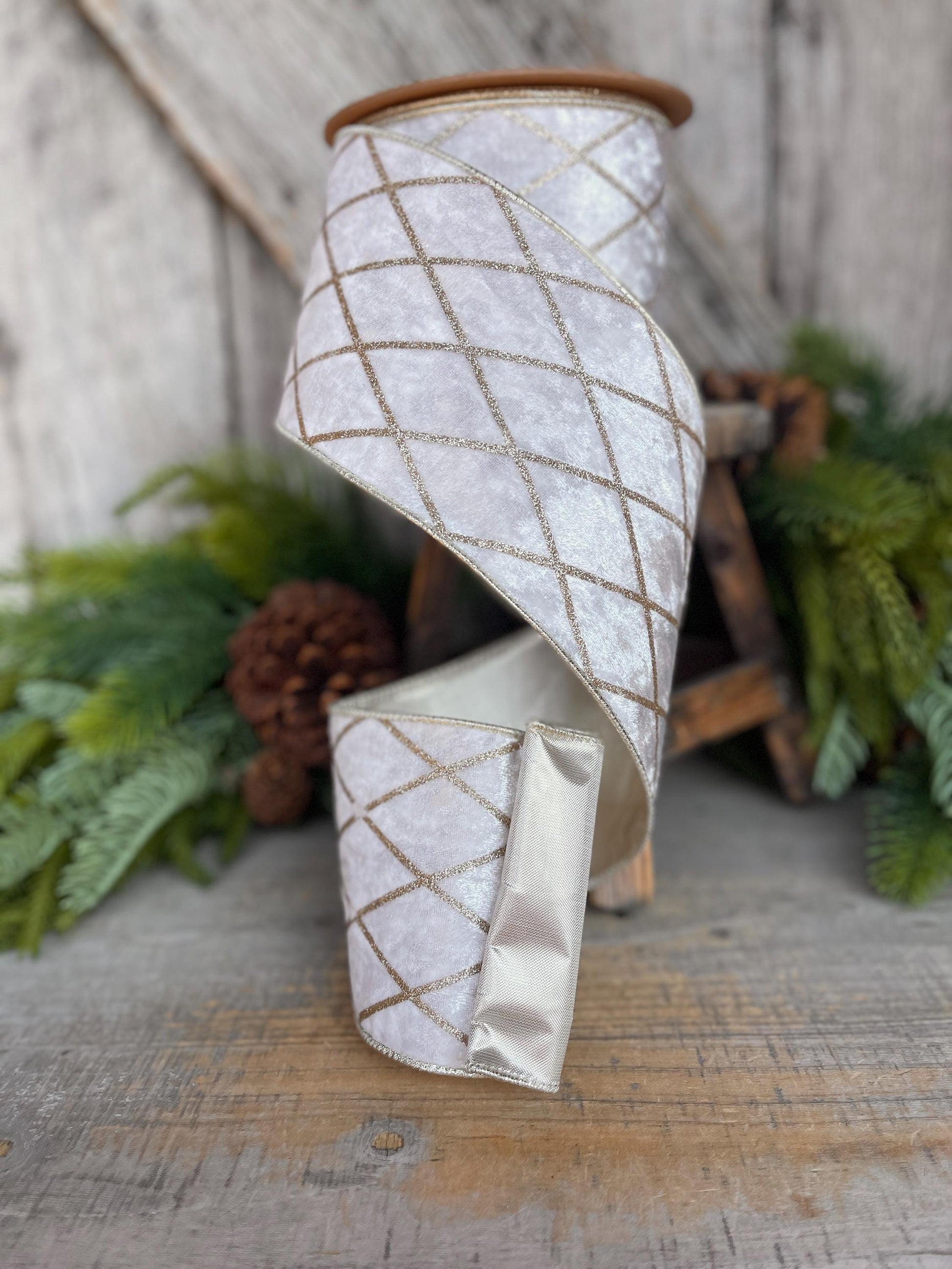 Ivory Velvet Wired Ribbon, Ivory Gold Lattice Ribbon, Christmas Ribbon, 4" x 10yds