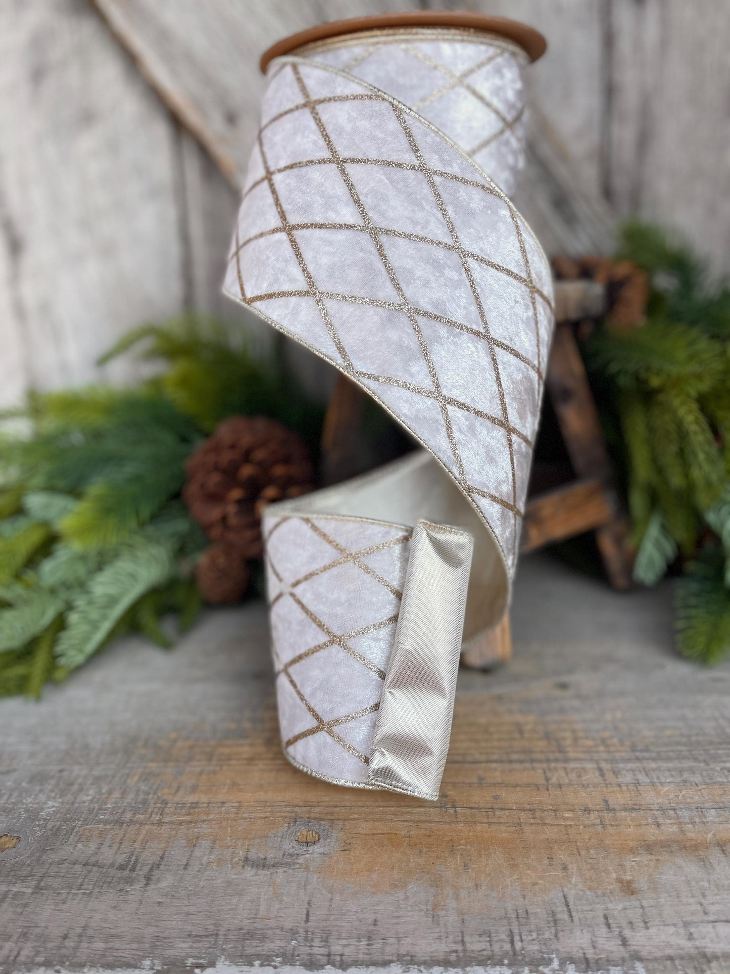 Ivory Velvet Wired Ribbon, Ivory Gold Lattice Ribbon, Christmas Ribbon, 4" x 10yds
