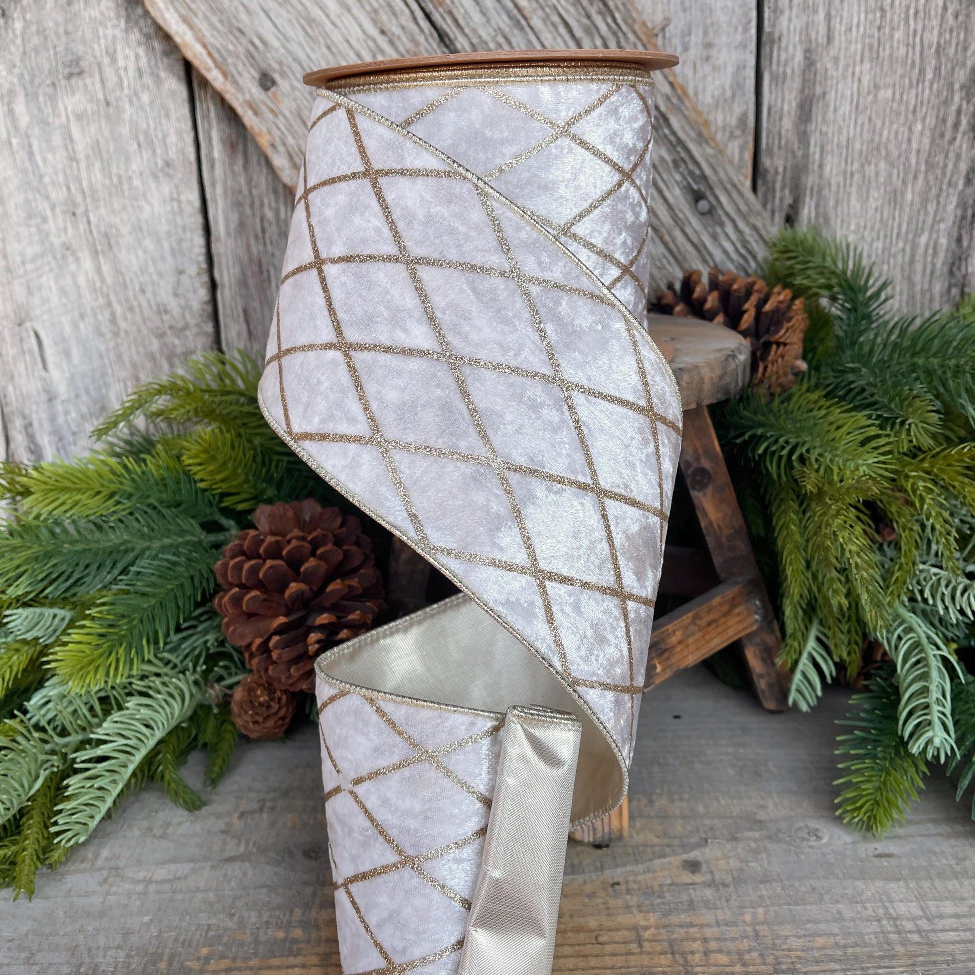 Ivory Velvet Wired Ribbon, Ivory Gold Lattice Ribbon, Christmas Ribbon, 4" x 10yds