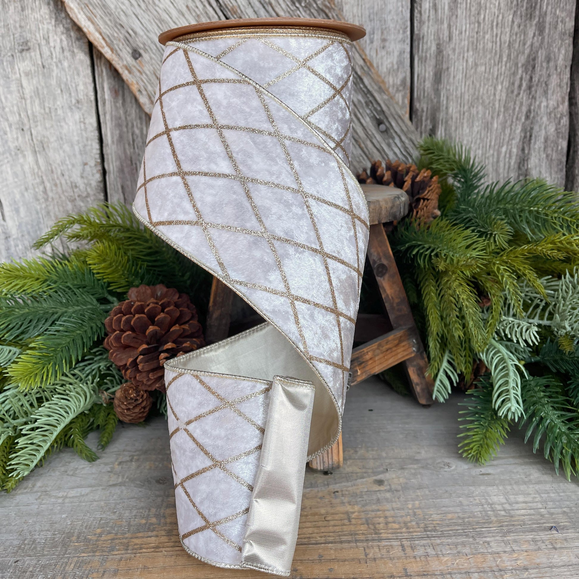Ivory Velvet Wired Ribbon, Ivory Gold Lattice Ribbon, Christmas Ribbon, 4" x 10yds
