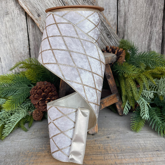 Ivory Velvet Wired Ribbon, Ivory Gold Lattice Ribbon, Christmas Ribbon, 4" x 10yds