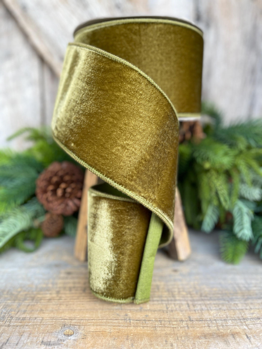 4" Olive Green Velvet Ribbon, Farrisilk Ribbon, Wired Ribbon