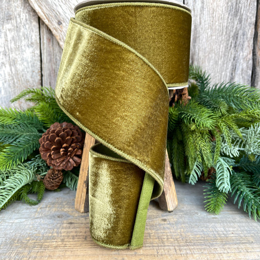 4" Olive Green Velvet Ribbon, Farrisilk Ribbon, Wired Ribbon, Christmas Ribbon, Moss Green Ribbon