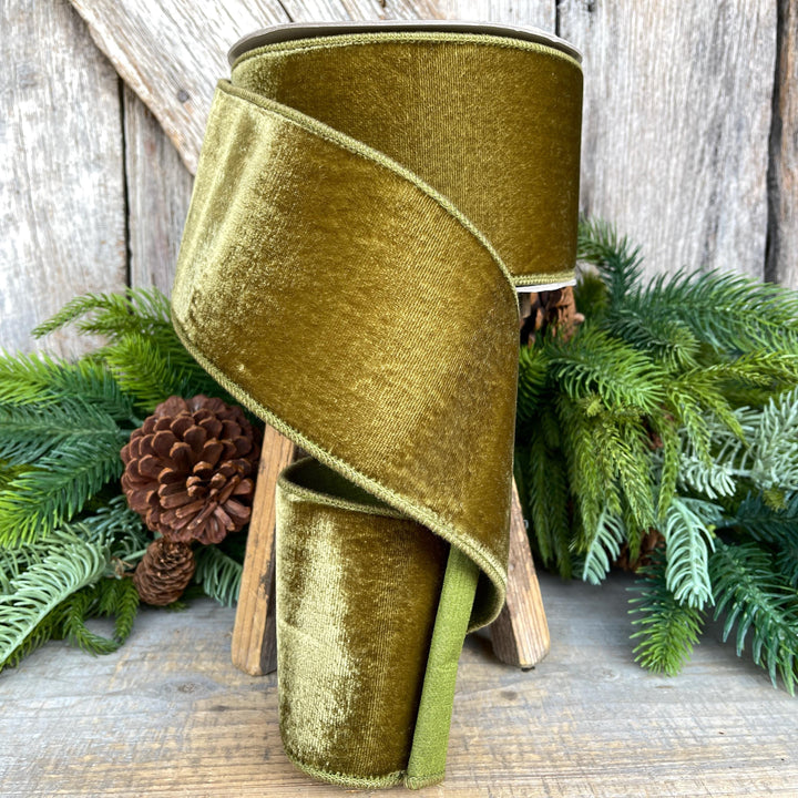 4" Olive Green Velvet Ribbon, Farrisilk Ribbon, Wired Ribbon