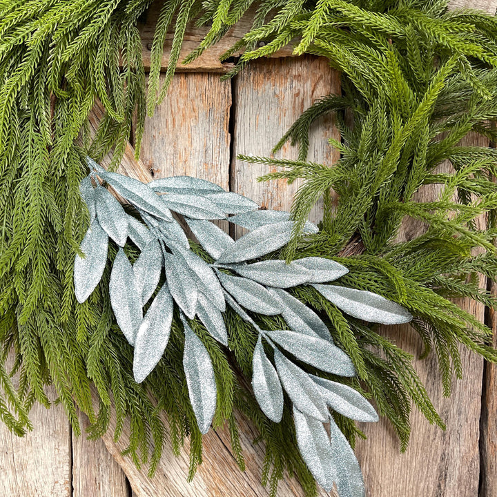 Light Blue Glitter Laurel Leaf Spray: Christmas Tree Pick (27")